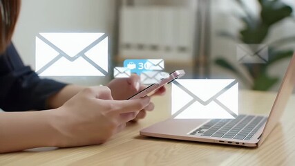 Woman Using Smartphone and Laptop with Email Notifications - Powered by Adobe