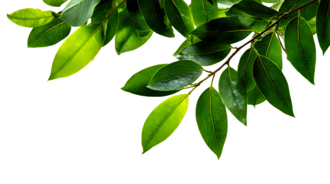 Vibrant green ficus leaves branch with detailed veining against a pure white background, cut out transparent