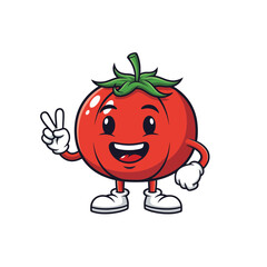 Happy cartoon tomato character mascot giving a peace sign gesture illustration