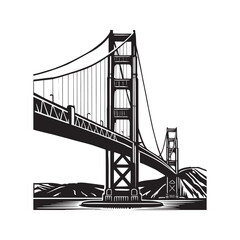 Golden Gate Bridge icon vector. Famous San Francisco, California landmark silhouette. Black and white graphic illustration for USA travel and tourism