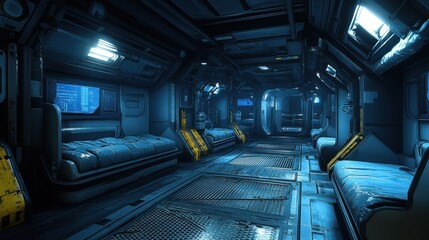 Fototapeta premium Futuristic spaceship corridor with sleeping accommodations.