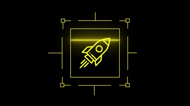Neon Yellow Rocket Ship Launching Through Digital Grid Lines Futuristic Space Exploration Concept Animation