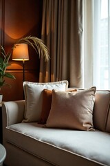 Luxurious hotel room featuring plush cushions on a comfortable sofa, adding a touch of elegance and comfort to the space Ideal for travel, hospitality, and interior design websites , calm, decor