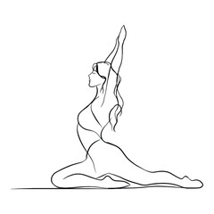 A woman in a yoga pose with one arm raised and one leg extended in a minimalist line drawing style