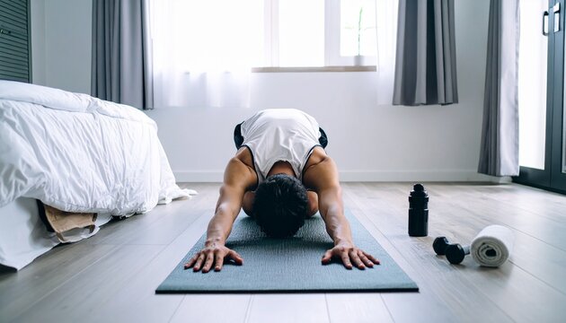 Focused young man practicing a morning yoga routine at home, stretching in child's pose on a mat in his sunlit bedroom - Powered by Adobe