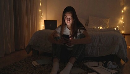 Fototapeta premium Young woman engrossed in her smartphone late at night, her face lit by the screen's glow in a cozy, dimly lit bedroom