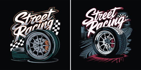 Street Racing tire wheel automotive speed culture illustration with checkered flag and urban style for t shirt design