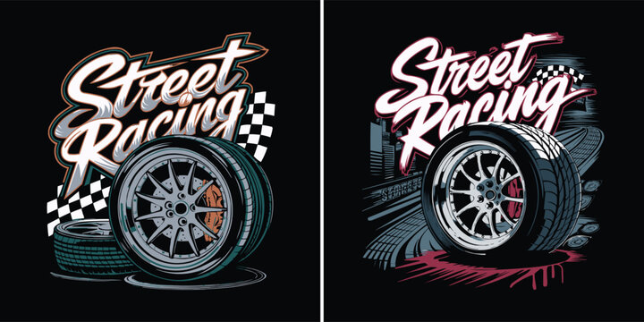 Street Racing tire wheel automotive speed culture illustration with checkered flag and urban style for t shirt design