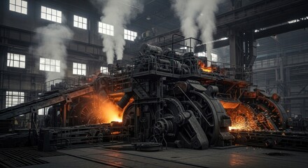 Industrial Steel Mill: Sparks, Smoke, and Machinery.