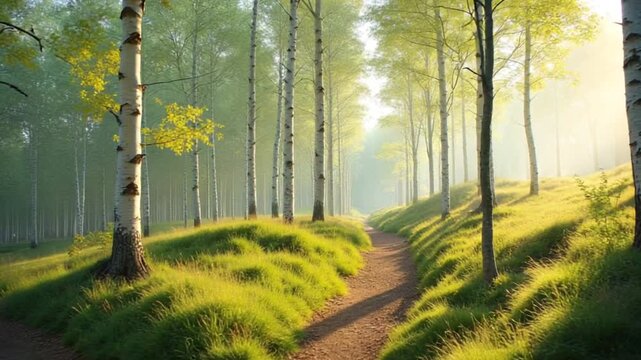 A serene birch forest on a hill, surrounded