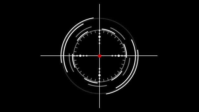 Futuristic Digital H U D Crosshair Targeting System Interface with Red Dot Aiming Reticle and Futuristic U I Elements on Black Background for Sci Fi Action Games and Military Simulations