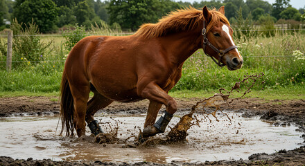 Energetic Bay Pony Playing in Wet Puddle