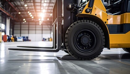Industrial forklift truck parked in a modern warehouse with bright backlighting, representing logistics and supply chain concepts