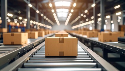 Cardboard Boxes Conveyed on Industrial Conveyor Belt in a Modern Warehouse for Distribution