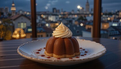 A delectable dessert, a creamy topping, and a city view combine in this stunning image.