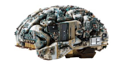 Intricate AI Brain Sculpture Composed of Advanced Circuitry and Metallic Components, cut out transparent