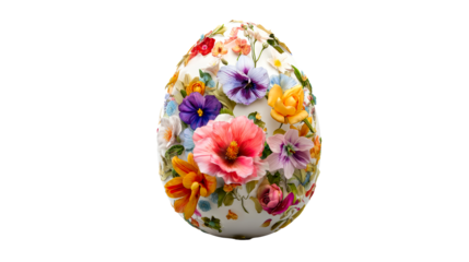 Ornate Egg Covered in Realistic Mixed Flowers, cut out transparent