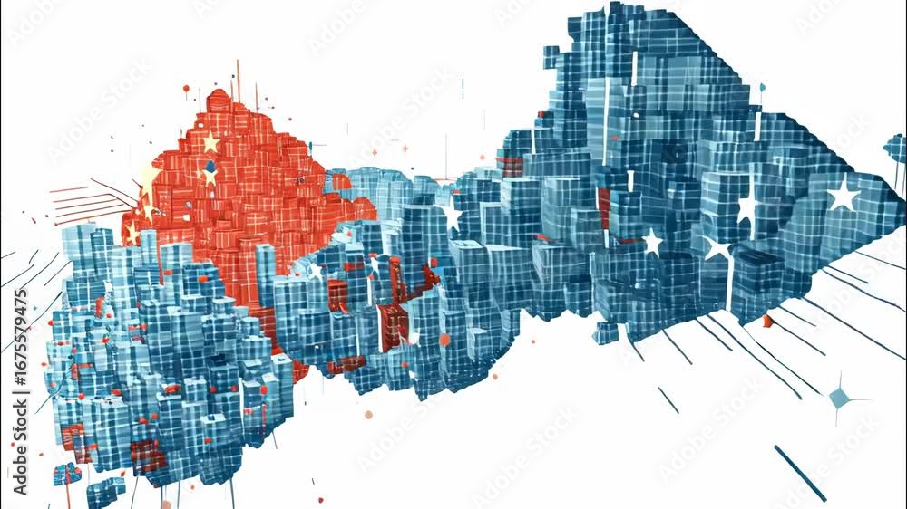Poster map of china with its flag symbolizing modern skyscrapers emerging from a digital data stream, and t