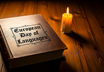 European Day of Languages old book with candlelight, AI generated photo