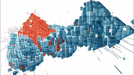 Map of china with its flag symbolizing modern skyscrapers emerging from a digital data stream, and the country's technological and economic growth video 4k - Powered by Adobe