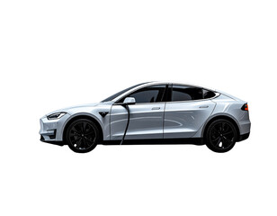 Naklejka premium Side Profile Smart Electric Sedan Charging at Station, Technological Concept, Isolated Transparent Background PNG