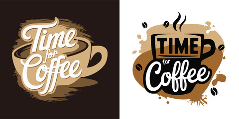 Coffee cup typography emblem set with vintage lettering beans and splash elements for cafe branding and t shirt design