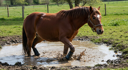 Cute Pony with White Markings in Muddy Fun