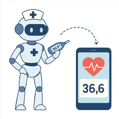 Obraz premium Healthcare robot checking temperature with smartphone monitoring
