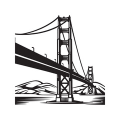 Golden Gate Bridge icon vector. Famous San Francisco, California landmark silhouette. Black and white graphic illustration for USA travel and tourism