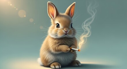 Obraz premium A cute fluffy bunny rabbit sitting and holding a lit cigarette with smoke rising, looking directly at the viewer with a soft, blurred background