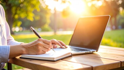 A freelance writer taking notes in a journal while working on a laptop outdoors in a park during a warm, sunny evening