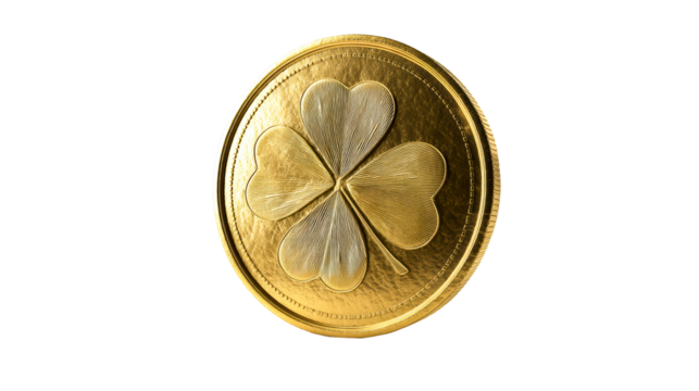 Golden Clover Coin Isolated on White Background with Detailed Texture, cut out transparent