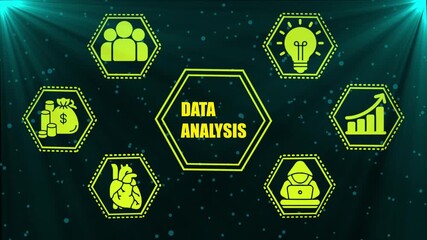 Data analysis concept with glowing icons for business finance technology healthcare and cybersecurity on a dark blue background with light rays and particles - Powered by Adobe