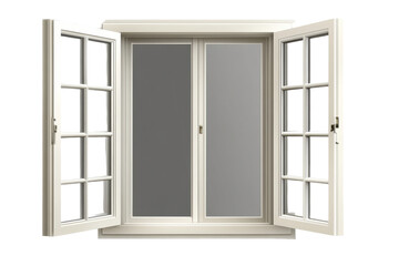Fototapeta premium Close frame view of an open window featuring white wooden frames and clear glass, inviting natural light and fresh air into an indoor space