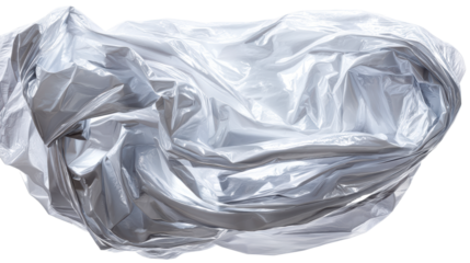 Shiny crumpled silver foil fabric abstract texture, cut out transparent