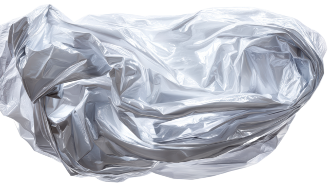 Shiny crumpled silver foil fabric abstract texture, cut out transparent