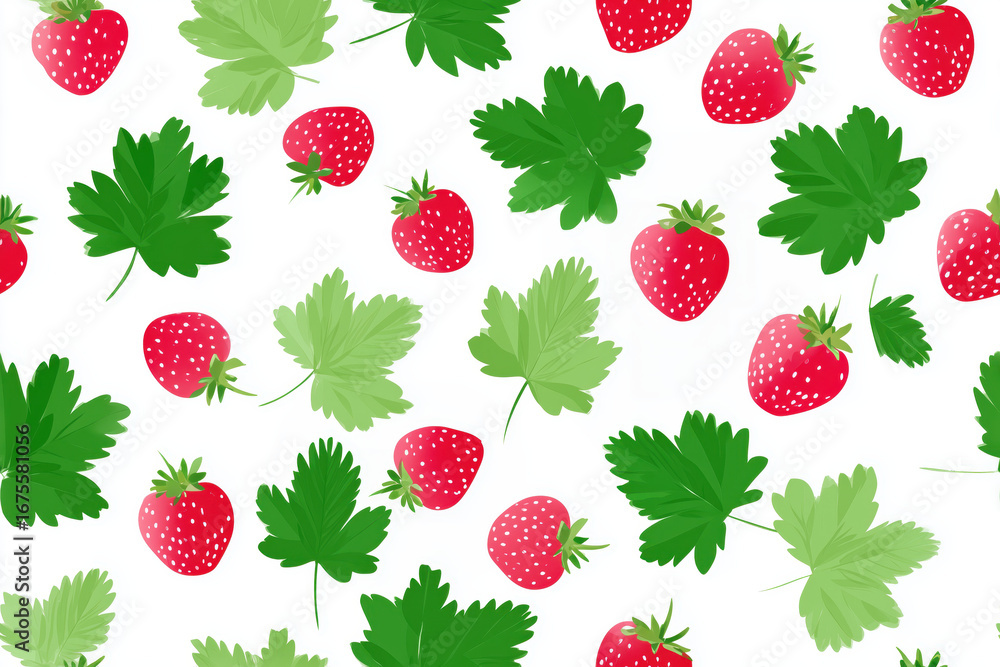Poster seamless pattern of strawberries and green leaves on white background for use in design