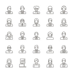 Collection of twenty five line art style icons depicting diverse business people and office related items