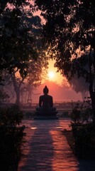 Serenity at sunrise near a Buddha statue in nature