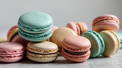 Obraz premium Colorful French Macarons Stacked Delicious Pastel Treats