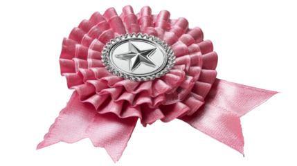 Pink rosette award ribbon with star emblem on white, cut out transparent