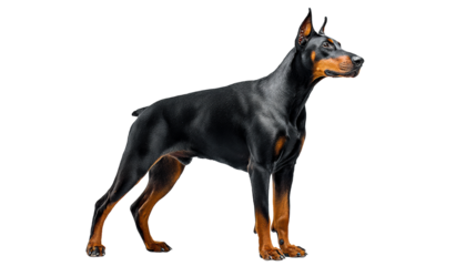 Doberman Pinscher standing attentively against a clean white background, cut out transparent