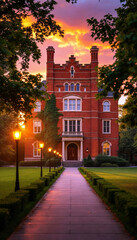 Obraz premium Red brick university building at sunset. 