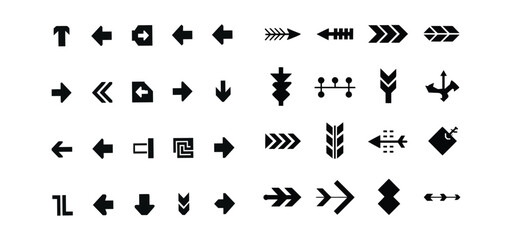 Collection of various arrow designs pointing in different directions arranged in a grid pattern