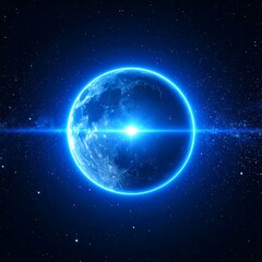 Obraz premium A vibrant blue planet Earth, centered in a dark space scene, with a bright light source emanating from its center