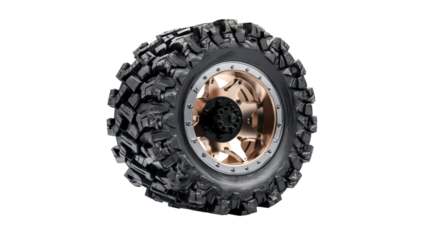 Heavy duty off road tire with aggressive tread on a custom wheel, cut out transparent