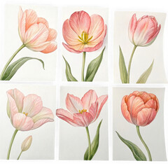 Fototapeta premium Soft pastel watercolor tulips collection delicate floral artwork for spring decor and botanical art transparent background
