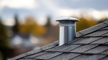 A close-up view of a metallic chimney cap on a shingled roof, set against a blurred autumn sky.