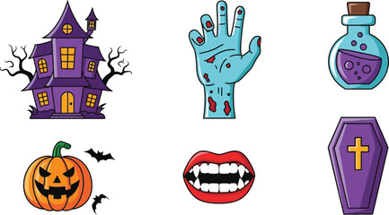 Halloween vector illustration set with haunted house, zombie hand, potion, coffin, pumpkin, vampire mouth and bat