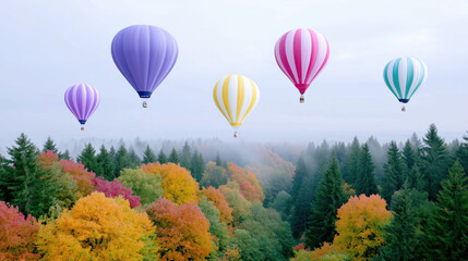 Obraz premium Colorful hot air balloons floating above vibrant autumn forest landscape with misty atmosphere